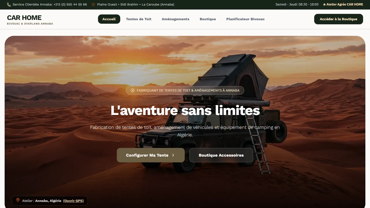 CarHome live homepage showing its overland product catalogue.